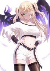 Rule 34 | 1girl, alternate costume, animal, bae.c, belt, bird, black nails, black thighhighs, blonde hair, breasts, casual, collarbone, cowboy shot, crop top, crow, eyepatch, fischl (genshin impact), genshin impact, green eyes, hair ribbon, hands on own hips, highres, long hair, long sleeves, looking at viewer, medium breasts, midriff, nail polish, navel, off-shoulder shirt, off shoulder, oz (genshin impact), ribbon, shirt, short shorts, shorts, simple background, smile, standing, stomach, thighhighs, two side up, white background, white shirt, white shorts