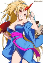 Rule 34 | 1girl, blonde hair, blue kimono, breasts, cleavage, cup, gourd, highres, holding, holding cup, horns, hoshiguma yuugi, hoshiguma yuugi (kimono), japanese clothes, kimono, large breasts, long hair, looking at viewer, off shoulder, official alternate costume, oni horns, ponytail, red eyes, red horns, sakazuki, single horn, smile, solo, star (symbol), touhou, yoshinatsu