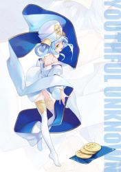Rule 34 | 1girl, back, bare shoulders, blue hair, bra, coin, full body, garter straps, hair rings, hat, headgear, jacket, kaede (shijie heping), light blue hair, long hair, no shoes, off shoulder, open clothes, open jacket, open mouth, original, sidelocks, smile, solo, thighhighs, underwear, wide sleeves, yellow eyes