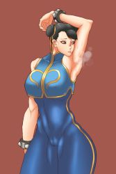 Rule 34 | 1990s (style), 1girl, alternate costume, arm up, armpits, black hair, breasts, brown eyes, cameltoe, capcom, chun-li, cleft of venus, covered erect nipples, cowboy shot, double bun, eyeliner, female focus, gold steel, hair bun, hair ribbon, large breasts, makeup, retro artstyle, ribbon, short hair, simple background, smell, smelling armpit, smelling self, solo, street fighter, street fighter zero (series), studded bracelet, sweat, thick thighs, thighs, unitard