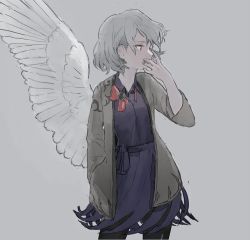 Rule 34 | 1girl, black pantyhose, bow, bowtie, collared dress, covering own mouth, cowboy shot, dress, feathered wings, grey hair, grey jacket, hand in pocket, hand over own mouth, jacket, kishin sagume, looking to the side, loose bowtie, motsuni (artist), pantyhose, purple dress, red bow, red bowtie, red eyes, short hair, single wing, solo, touhou, white wings, wings