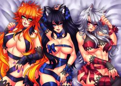 Rule 34 | 3girls, bed, black hair, blue eyes, breasts, catheline (deathblight), cleavage, crescentia fortuna, deathblight, faye (deathblight), ferania (deathblight), fingernails, fox girl, gift, green eyes, large breasts, lipstick, long fingernails, long hair, lying, makeup, multiple girls, nail polish, orange hair, red eyes, ribbon, slit pupils, tail, teasing, thighhighs, tongue, tongue out, twintails, underboob, white hair, wolf girl