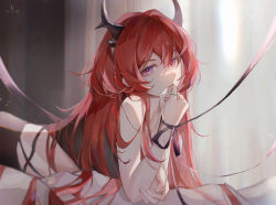 Rule 34 | 1girl, absurdres, arknights, bare arms, bare shoulders, black ribbon, commentary request, cross, cross necklace, hair between eyes, highres, holding, holding jewelry, holding necklace, horns, indoors, jewelry, long hair, looking at viewer, lying, midriff, necklace, nininisama, on stomach, parted lips, purple eyes, red hair, ribbon, sleeveless, solo, surtr (arknights), upper body, wrist ribbon