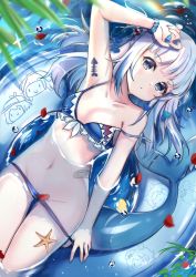 Rule 34 | 1girl, arm up, armpits, bandaid, bare shoulders, bikini, bikini pull, bloop (gawr gura), blue bikini, blue eyes, blue hair, blue nails, blurry, blurry foreground, blush, breasts, closed mouth, clothes pull, collarbone, commentary request, day, depth of field, fins, fish tail, gawr gura, groin, highres, hololive, hololive english, innertube, long hair, lying, mori calliope, multicolored hair, nail art, nail polish, navel, ninomae ina&#039;nis, on back, outdoors, petals, pulling own clothes, rinringyo, shark tail, small breasts, solo, streaked hair, swim ring, swimsuit, tail, takanashi kiara, virtual youtuber, water, water surface, watson amelia, white hair