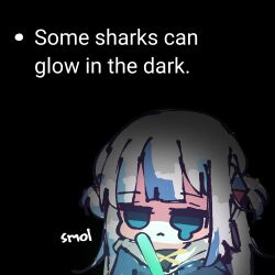 Rule 34 | 1girl, black background, blue eyes, blue hair, blue hoodie, blunt bangs, chibi, closed mouth, english text, frown, gawr gura, gawr gura (1st costume), glowstick, grey hair, hair ornament, highres, hololive, hololive english, hood, hood down, hoodie, jitome, koyoinacho, long hair, looking at viewer, multicolored hair, portrait, shark girl, sidelocks, simple background, solo, streaked hair, teardrop, two side up, virtual youtuber