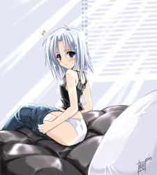 Rule 34 | 00s, 1girl, ^^^, bed, blue eyes, blue hair, blush, camisole, clothes pull, looking back, matching hair/eyes, panties, pants, pants pull, pulling own clothes, sakura nitouhei, sitting, solo, tsukihime, tsukihime souka, underwear, undressing, white panties
