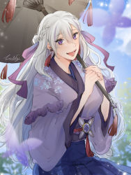 Rule 34 | 1girl, blue skirt, breasts, bug, butterfly, eyelashes, grey hair, heart, heart-shaped pupils, highres, holding, holding umbrella, insect, japanese clothes, kimono, large breasts, light purple hair, lips, long hair, looking at viewer, multicolored hair, obi, oil-paper umbrella, open mouth, purple eyes, purple kimono, purple ribbon, ribbon, sash, self-portrait, shino laila, shino laila (artist), short braid, signature, skirt, smile, solo, symbol-shaped pupils, two-tone hair, umbrella, very long hair, virtual youtuber, wactor production