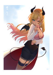 Rule 34 | 1girl, ;), absurdres, bad id, bad pixiv id, black skirt, black thighhighs, blonde hair, blue eyes, blush, breasts, center frills, cleavage, closed mouth, collarbone, commentary request, cowboy shot, demon girl, demon horns, demon tail, demon wings, finger to mouth, frills, garter straps, green eyes, highres, holding, hololive, horns, index finger raised, lace, lace-trimmed legwear, lace trim, large breasts, long hair, long sleeves, looking at viewer, miniskirt, one eye closed, pencil skirt, pointy ears, shirt, shushing, simple background, skirt, smile, solo, tail, thighhighs, tihoro1609, very long hair, virtual youtuber, wing collar, wings, yuzuki choco, yuzuki choco (1st costume), zettai ryouiki