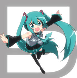 Rule 34 | 1girl, :d, aqua eyes, aqua hair, bare shoulders, black thighhighs, blush, detached sleeves, hatsune miku, headset, long hair, massala, necktie, open mouth, skirt, smile, solo, thighhighs, twintails, very long hair, vocaloid