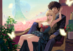 Rule 34 | 1boy, 1girl, absurdres, animal, arm up, armpits, blonde hair, blue eyes, blue pants, blue suit, book, brown eyes, brown hair, bug, butterfly, cabinet, closed mouth, collarbone, commission, couch, cowboy bebop, dress, earth (planet), eyelashes, field, fingernails, flower, formal, glowing, glowing butterfly, green dress, highres, hongcasso, indoors, insect, julia (cowboy bebop), long eyelashes, long hair, looking at viewer, mountain, off-shoulder dress, off shoulder, pants, parted lips, petals, pink flower, pink lips, pink rose, planet, plant, potted plant, red flower, red rose, rose, sitting, smile, spike spiegel, suit, window, yellow butterfly