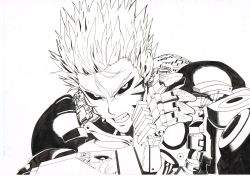 Rule 34 | 1boy, android, black sclera, clenched teeth, colored sclera, earrings, frown, genos, highres, jewelry, looking at viewer, male focus, mechanical arms, murata yuusuke, official art, one-punch man, robot, scan, short hair, simple background, single mechanical arm, solo, teeth, traditional media, upper body, v-shaped eyebrows, white background