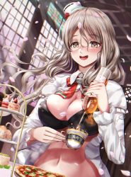 Rule 34 | 1girl, black bra, bottle, bow, bowtie, bra, breasts, brown eyes, cup, food, grey hair, hat, highres, holding, holding bottle, holding cup, kantai collection, large breasts, long sleeves, mini hat, miniskirt, open clothes, open shirt, pizza, pola (kancolle), pouring, red bow, red bowtie, sabakuomoto, shirt, skirt, solo, teacup, tilted headwear, underwear, wavy hair, white shirt