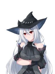 Rule 34 | 1girl, arknights, ascot, bare shoulders, black ascot, black gloves, commentary, gloves, grey hair, hair between eyes, hat, highres, long hair, looking at viewer, neko reina, red eyes, signature, simple background, skadi (arknights), solo, upper body, very long hair, white background, witch hat