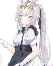 Rule 34 | 1girl, ahoge, animal ears, apron, black apron, black hair, blue eyes, closed mouth, frilled apron, frills, from side, grey hair, ha (hura76752775), hair between eyes, highres, horse ears, horse girl, horse tail, long hair, looking at viewer, looking to the side, multicolored hair, oguri cap (umamusume), pleated skirt, ponytail, puffy short sleeves, puffy sleeves, shirt, short sleeves, simple background, skirt, smile, solo, tail, two-tone hair, umamusume, very long hair, white background, white hair, white shirt, white skirt, wrist cuffs
