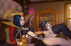 Rule 34 | 1girl, arm strap, black hair, black nails, black thighhighs, bob cut, bracer, breasts, cape, choker, cleavage, commentary, commission, different reflection, english commentary, facial tattoo, fellatio gesture, forehead jewel, grin, high collar, league of legends, leblanc (league of legends), lipstick, looking at viewer, lying, makeup, medium breasts, mirror, nail polish, navel, on back, on bed, pillow, pinky out, purple lips, reflection, revealing clothes, short hair, single thighhigh, smile, solo, tattoo, thighhighs, thighs, tiara, tongue, tongue out, unsomnus