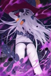 Rule 34 | 1girl, abigail williams (fate), abigail williams (third ascension) (fate), ass, aura, back, bare shoulders, black bow, black hat, black panties, bow, breasts, butt crack, character name, colored skin, fate/grand order, fate (series), forehead, hands in hair, hat, highres, long hair, multiple bows, orange bow, panties, parted bangs, pumpkinspicelatte, skull print, small breasts, tentacles, underwear, white hair, white skin, witch hat