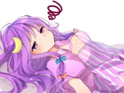 Rule 34 | 1girl, bad id, bad twitter id, blue bow, blush, bow, breasts, capelet, cleavage, closed mouth, crescent, crescent pin, dress, hair bow, karasusou nano, long hair, lying, medium breasts, no headwear, on back, patchouli knowledge, purple eyes, purple hair, red bow, sidelocks, solo, squiggle, striped clothes, striped dress, touhou, upper body, vertical-striped clothes, vertical-striped dress