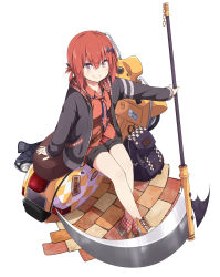 Rule 34 | &gt;:), 10s, 1girl, backpack, bag, bat hair ornament, c:, commentary request, dress shirt, flag print, gabriel dropout, hair ornament, highres, holding, jacket, long hair, looking at viewer, motor vehicle, necktie, print necktie, red hair, red shirt, satanichia kurumizawa mcdowell, scooter, scythe, shirt, shorts, sitting, sitting on object, smile, solo, ukami, union jack, v-shaped eyebrows