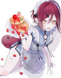 Rule 34 | 1girl, apron, blue dress, blush, dress, food, fruit, grey background, hair ornament, hairpin, highres, holding, holding plate, maid, maid apron, maid headdress, muon, open mouth, original, pancake, pancake stack, plate, red hair, short hair, short sleeves, strawberry, tail, white apron, white headdress, yellow eyes