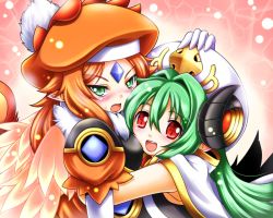 Rule 34 | + +, 2girls, arcana trust, blush, elbow gloves, fang, feathers, forehead jewel, gloves, green eyes, hand on another&#039;s head, hat, horns, hug, kittan (cve27426), long hair, looking at viewer, multiple girls, open mouth, orange hair, phoenicia, pointy ears, red eyes, shinrabanshou, sweatdrop, tail, white gloves, wings