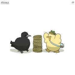 Rule 34 | ^ ^, bag, bird, bottle cap, closed eyes, crow, diva (hyxpk), duck, duckling, english text, frog headband, hat, highres, no humans, numbered, original, simple background, stack, white background