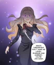 Rule 34 | 1girl, a song of ice and fire, black dress, blonde hair, braid, daenerys targaryen, dress, english text, evil smile, french braid, game of thrones, glowing, highres, hinghoi, long hair, ojou-sama pose, purple background, purple eyes, smile, speech bubble, yandere