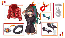 Rule 34 | anonymous (nijisanji), belt, black shirt, blue eyes, brown hair, character sheet, colored inner hair, commentary, earrings, english commentary, etna crimson, gloves, hair ribbon, highres, jacket, jewelry, leather, leather jacket, long hair, looking at viewer, multicolored hair, nijisanji, nijisanji id, official art, ponytail, print shirt, red jacket, red ribbon, ribbon, shirt, streaked hair, t-shirt, virtual youtuber, white background