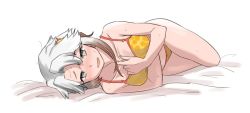 Rule 34 | 1girl, akishimo (kancolle), asymmetrical hair, bra, brown hair, collarbone, commentary request, gradient hair, hair ornament, hand on own chest, kantai collection, leaf hair ornament, lying, multicolored hair, on side, panties, short hair, short hair with long locks, simple background, solo, tamu (mad works), underwear, underwear only, white background, yellow bra, yellow panties