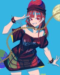Rule 34 | 1girl, arm up, bare shoulders, black shirt, blue background, bracelet, breasts, chain, commentary, contrapposto, corporalblake, cowboy shot, earth (ornament), english commentary, gold chain, grin, hecatia lapislazuli, highres, jewelry, leaning forward, long hair, medium breasts, moon (ornament), off-shoulder shirt, off shoulder, red eyes, red hair, shirt, simple background, smile, solo, spiked bracelet, spikes, teeth, touhou