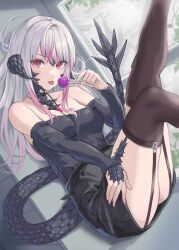 Rule 34 | 1girl, absurdres, au ra, bare shoulders, black thighhighs, breasts, candy, dragon horns, dragon tail, dutch angle, enporion, final fantasy, final fantasy xiv, food, garter straps, highres, horns, indoors, jewelry, lollipop, long hair, looking at viewer, medium breasts, multicolored hair, off-shoulder sweater, off shoulder, pendant, red eyes, sitting, skirt, solo, sweater, tail, thighhighs, tongue, tongue out, two-tone hair, warrior of light (ff14), white hair