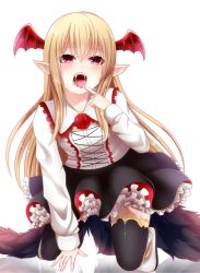 Rule 34 | 1girl, arm support, bat (animal), bat wings, black skirt, blonde hair, blush, fangs, finger to mouth, flower, frilled shirt, frilled skirt, frills, full body, head wings, highres, kneeling, long hair, open mouth, oral invitation, pointing, pointing at self, pointy ears, red eyes, red flower, red rose, rose, saliva, shadowverse, shiira (nya rl), shirt, skirt, solo, teeth, thighhighs, tongue, tongue out, vampire, vampy, very long hair, white shirt, wings