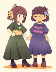 Rule 34 | 2girls, adapted costume, alternate hairstyle, antenna hair, artist name, black pantyhose, black socks, blue flower, brown eyes, brown footwear, brown hair, chara (undertale), closed eyes, closed mouth, collarbone, colored skin, commentary, dress, english commentary, flower, frills, frisk (undertale), full body, genderswap, genderswap (otf), green dress, hair flower, hair ornament, hand on own hip, heart, heart necklace, holding, holding hands, jewelry, lari-lab, leaf, leaf hair ornament, looking at another, multiple girls, necklace, pantyhose, ponytail, puffy short sleeves, puffy sleeves, purple dress, shadow, shoes, short hair, short ponytail, short sleeves, sidelocks, simple background, single stripe, smile, socks, standing, star (symbol), star necklace, striped clothes, striped dress, undertale, white background, yellow flower, yellow skin
