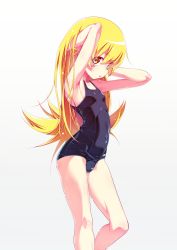 Rule 34 | 1girl, armpits, bad id, bad twitter id, blonde hair, blue one-piece swimsuit, covered navel, cowboy shot, gradient background, hand in own hair, highres, long hair, looking at viewer, monogatari (series), one-piece swimsuit, oshino shinobu, simple background, solo, swimsuit, tanabe kyou, wet, white background, yellow eyes