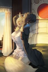 Rule 34 | 1girl, ;d, absurdres, animal ear fluff, animal ears, arknights, arms up, black jacket, blonde hair, blue eyes, blue sky, blush, borrowed clothes, breasts, cloud, commentary request, curtains, day, dress, frilled dress, frills, hair between eyes, highres, horse ears, horse girl, horse tail, indoors, jacket, kneeling, long sleeves, looking at viewer, medium breasts, najashi, one eye closed, open clothes, open jacket, open mouth, short eyebrows, sky, sleeves past fingers, sleeves past wrists, smile, solo, tail, thick eyebrows, whislash (arknights), white dress, window