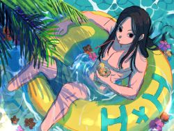 Rule 34 | 1boy, black eyes, black hair, cup, doughnut innertube, drink, drinking straw, drinking straw in mouth, expressionless, flower, flower on liquid, from above, highres, holding, holding cup, holding drink, hunter x hunter, illumi zoldyck, innertube, long hair, looking at viewer, male focus, no bangs, palm tree, plant, solo, swim ring, swimsuit, thicopoyo, topless male, tree, yellow innertube