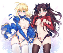Rule 34 | 2girls, absurdres, ahoge, aqua eyes, artoria pendragon (fate), black legwear, blonde hair, blush, breasts, brown hair, cameltoe, dress, covered erect nipples, fate/stay night, fate (series), gluteal fold, green eyes, highres, long hair, multiple girls, navel, niko (tama), open mouth, pubic tattoo, puffy sleeves, saber (fate), skirt, sleeves past wrists, small breasts, tattoo, tears, thighhighs, tohsaka rin, twintails, white legwear