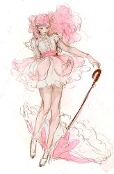 Rule 34 | 1girl, blush, buttons, cherry blossom cookie, cookie run, dress, floating hair, frills, humanization, laphet, long hair, looking down, outstretched arm, parasol, pink eyes, pink hair, pink theme, short twintails, sketch, smile, solo, standing, swept bangs, twintails, umbrella, wind
