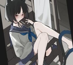 Rule 34 | 1girl, animal ears, barefoot, between legs, black eyes, black hair, black nails, black panties, black ribbon, black sailor collar, blue archive, blue neckerchief, blue tail, blush, book, book to mouth, breasts, cat ears, cat tail, collarbone, fataaa, feet, feet up, fingernails, hand between legs, highres, holding, holding book, indoors, kikyou (blue archive), leaning on object, legs, looking at viewer, multiple tails, nail polish, neck ribbon, neckerchief, panties, parted bangs, pleated skirt, ribbon, sailor collar, school uniform, serafuku, shirt, short hair, sitting, skirt, small breasts, solo, sweat, sweatdrop, tail, two tails, underwear, white shirt