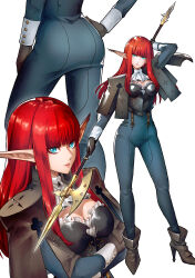 1girl absurdres ass blue_eyes boots commission crossed_arms facing_viewer high_heel_boots high_heels highres holding holding_weapon hulkenberg_(metaphor:_refantazio) long_hair looking_at_viewer metaphor:_refantazio multiple_views pointy_ears red_hair solo vgen_commission weapon white_background you_nf