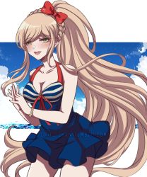 Rule 34 | 1girl, bare arms, bare shoulders, blonde hair, blue one-piece swimsuit, blush, bow, bracelet, braid, breasts, cleavage, collarbone, commentary, cowboy shot, criis-chan, danganronpa (series), danganronpa 2: goodbye despair, green eyes, hair bow, halterneck, high ponytail, jewelry, large breasts, leaning forward, long hair, looking at viewer, medium breasts, one-piece swimsuit, open mouth, own hands together, ponytail, red bow, red ribbon, ribbon, smile, snow, solo, sonia nevermind, striped clothes, striped one-piece swimsuit, swimsuit, symbol-only commentary, twitter username, very long hair
