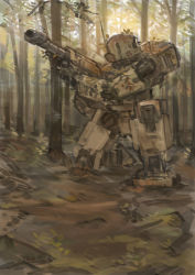 Rule 34 | forest, gun, highres, holding, holding gun, holding weapon, kneeling, looking up, mecha, military, nature, no humans, on one knee, original, robot, solo, sunlight, tree, weapon, xerbatt
