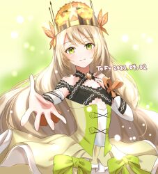Rule 34 | 1girl, artist name, bare shoulders, blonde hair, bow, butterfly hair ornament, celine (fire emblem), closed mouth, crown, dated, dress, dress bow, fire emblem, fire emblem engage, flower, green bow, green eyes, hair flower, hair ornament, hand on own chest, highres, long hair, looking at viewer, nintendo, orange bow, outstretched hand, silken tofu, smile, solo, very long hair, wrist bow