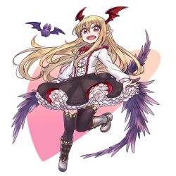 Rule 34 | &gt;:d, 10s, 1girl, :d, bat (animal), black thighhighs, blonde hair, boots, chan co, fang, frilled skirt, frills, full body, granblue fantasy, hair between eyes, head wings, heart, long hair, long sleeves, open mouth, pointy ears, red eyes, shingeki no bahamut, shirt, skirt, smile, solo, standing, standing on one leg, thighhighs, v-shaped eyebrows, vampy, white shirt, wings