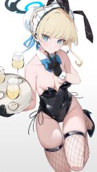 Rule 34 | 1girl, animal ears, bare arms, bare shoulders, black footwear, black gloves, black leotard, blonde hair, blue archive, blue eyes, bow, bowtie, breasts, bun cover, covered navel, cup, detached collar, downblouse, drinking glass, earpiece, fake animal ears, fishnet thighhighs, fishnets, gloves, gluteal fold, halo, hand up, high heels, highres, hukahire0120, leg up, leotard, looking at viewer, maid headdress, playboy bunny, rabbit ears, short hair, side-tie leotard, skindentation, small breasts, solo, strapless, strapless leotard, thighhighs, thighs, toki (blue archive), v, wine glass