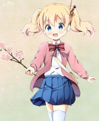 Rule 34 | 1girl, :d, alice cartelet, bag, blonde hair, blue eyes, blue skirt, bow, bowtie, branch, cardigan, collared shirt, commentary request, cowboy shot, flower, hair ornament, hair stick, happy, highres, holding, holding branch, inakami, kin-iro mosaic, light blush, long sleeves, looking at viewer, open cardigan, open clothes, open mouth, pink cardigan, pink flower, pleated skirt, red bow, red bowtie, school uniform, shirt, shirt tucked in, short hair, shoulder bag, signature, simple background, skirt, smile, solo, standing, striped bow, striped bowtie, striped clothes, striped neckwear, thighhighs, twintails, white shirt, white thighhighs