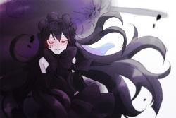 Rule 34 | 10s, 1girl, abyssal ship, arms behind back, bare shoulders, black bow, black dress, black hair, black theme, bonnet, bow, bullet hole, colored skin, detached sleeves, dress, floating hair, frills, gothic lolita, gradient background, isolated island oni, kantai collection, lolita fashion, long hair, red eyes, shirubaburu, smile, solo, turret, very long hair, white skin