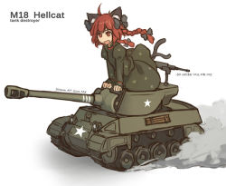 Rule 34 | 1girl, ahoge, animal ears, bow, braid, cat ears, cat tail, caterpillar tracks, dress, fang, hair bow, kaenbyou rin, long hair, m18 super hellcat, military, military vehicle, motor vehicle, multiple tails, open mouth, pun, red eyes, red hair, solo, tail, tank, tank destroyer, touhou, twin braids, vehicle, xiao qiang (overseas)