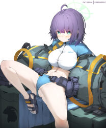 Rule 34 | ahoge, bag, belt, belt pouch, bikini, bikini bottom only, blue archive, blue bikini, breasts, cameltoe, cropped jacket, duffel bag, green eyes, halo, highres, jacket, large breasts, looking at viewer, medium hair, midriff, multicolored clothes, multicolored jacket, navel, pouch, purple hair, saki (blue archive), saki (swimsuit) (blue archive), sandals, sitting, sonaworld, stomach, swimsuit, utility belt, white background