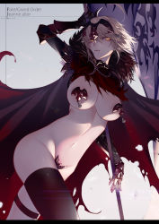 Rule 34 | 1girl, ahoge, arm behind head, breasts, cape, fate/grand order, fate (series), flag, fur collar, gauntlets, hair between eyes, headpiece, holding, holding flag, jeanne d&#039;arc (fate), jeanne d&#039;arc alter (avenger) (fate), jeanne d&#039;arc alter (fate), large breasts, maebari, march ab, navel, pale skin, parted lips, pasties, platinum blonde hair, revealing clothes, stomach, thighhighs, yellow eyes