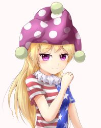 Rule 34 | 1girl, absurdres, american flag print, american flag shirt, blonde hair, blush, breasts, closed mouth, clownpiece, commentary request, hand up, hat, highres, jester cap, long hair, looking at viewer, medium breasts, midoriiro (ryuisaw), neck ruff, pink background, polka dot, print shirt, purple eyes, purple hat, shirt, short sleeves, simple background, smile, solo, star (symbol), star print, striped clothes, striped shirt, touhou, upper body